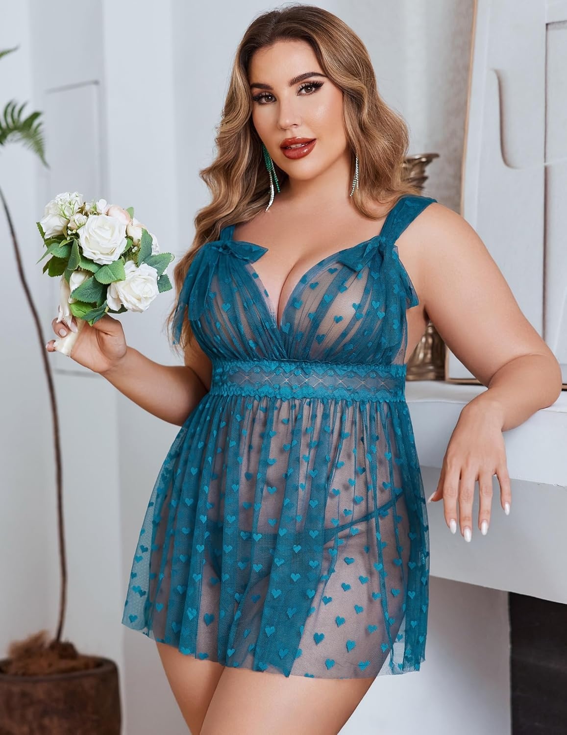 image:imageAvidlove Plus Size Lingeire for women Lace Babydoll Mesh Chemise Sexy Nightwear Sheer Nightie with Lace Up Bows L4XLBlue Green