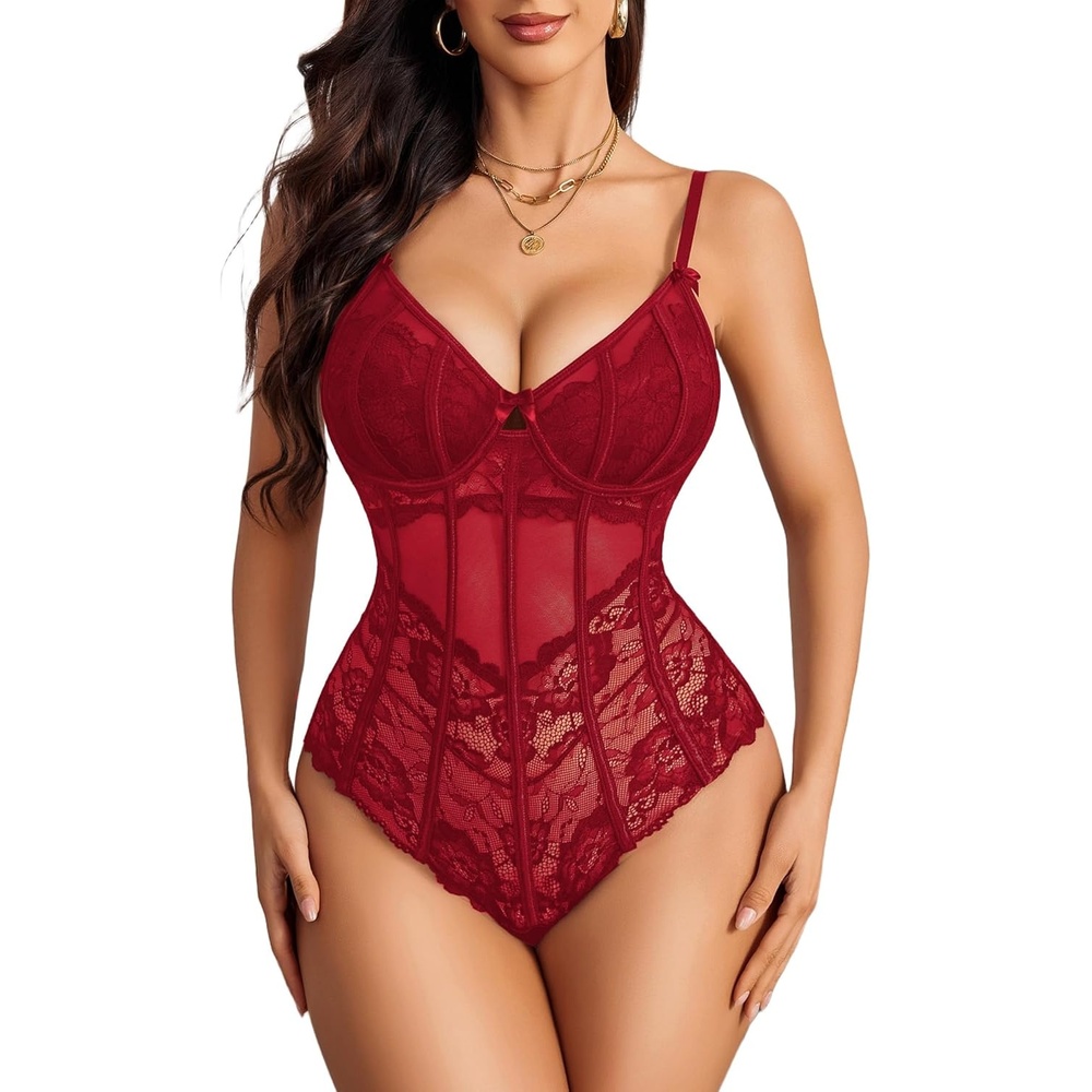 image:imageAvidlove Bodysuit for Women Sexy Lace Top One Piece Lingerie V Neck Mesh Tops Going Out Cami Naughty Push Up Body SuitWine Red