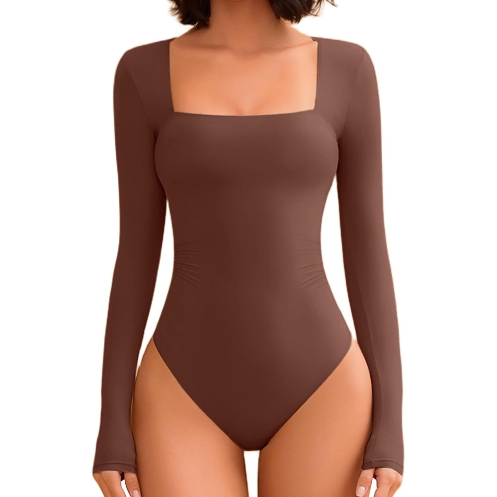 image:imageAvidlove Bodysuits for Women Sexy Long Sleeve Bodysuit Square Neck Double Lined Ruched Snap Closure Bodysuit TopsBrown