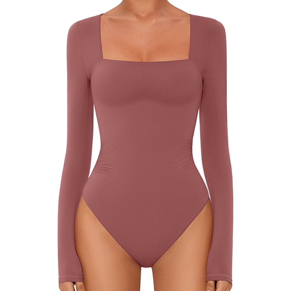 image:imageAvidlove Bodysuits for Women Sexy Long Sleeve Bodysuit Square Neck Double Lined Ruched Snap Closure Bodysuit TopsFuchsia