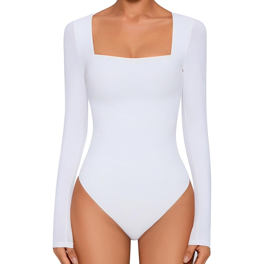 image:imageAvidlove Bodysuits for Women Sexy Long Sleeve Bodysuit Square Neck Double Lined Ruched Snap Closure Bodysuit TopsWhite