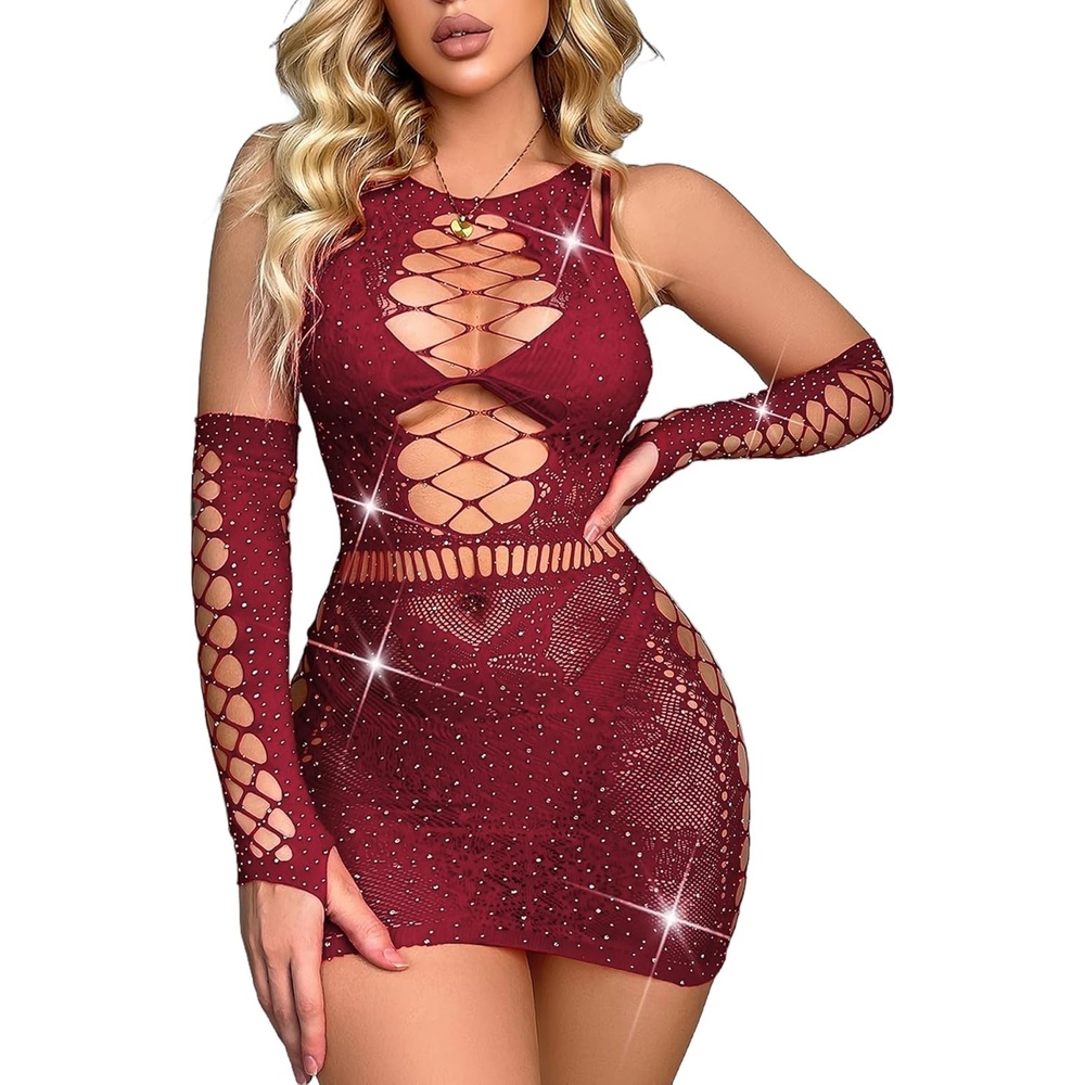 image:imageAvidlove Fishnet Lingerie Womens Mesh Chemise One Piece Babydoll Mini Dress Lace Sparkle Rhinestone Lingeries for WomenDark Red