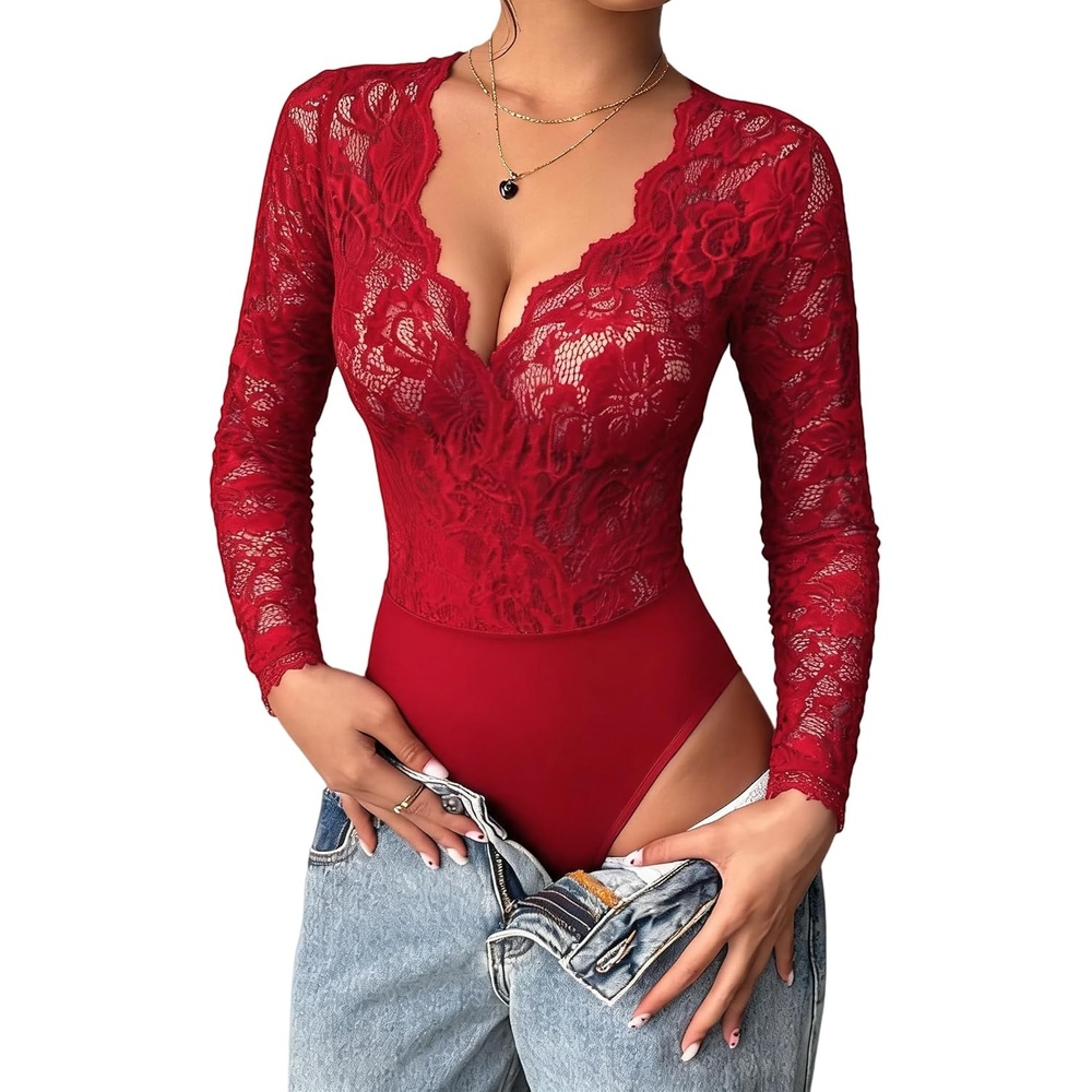 image:imageAvidlove Lace Bodysuit for Women Sexy Long Sleeve V Neck Body Suits Going Out Tops Snap Crotch One Piece Teddy LingerieBurgundy