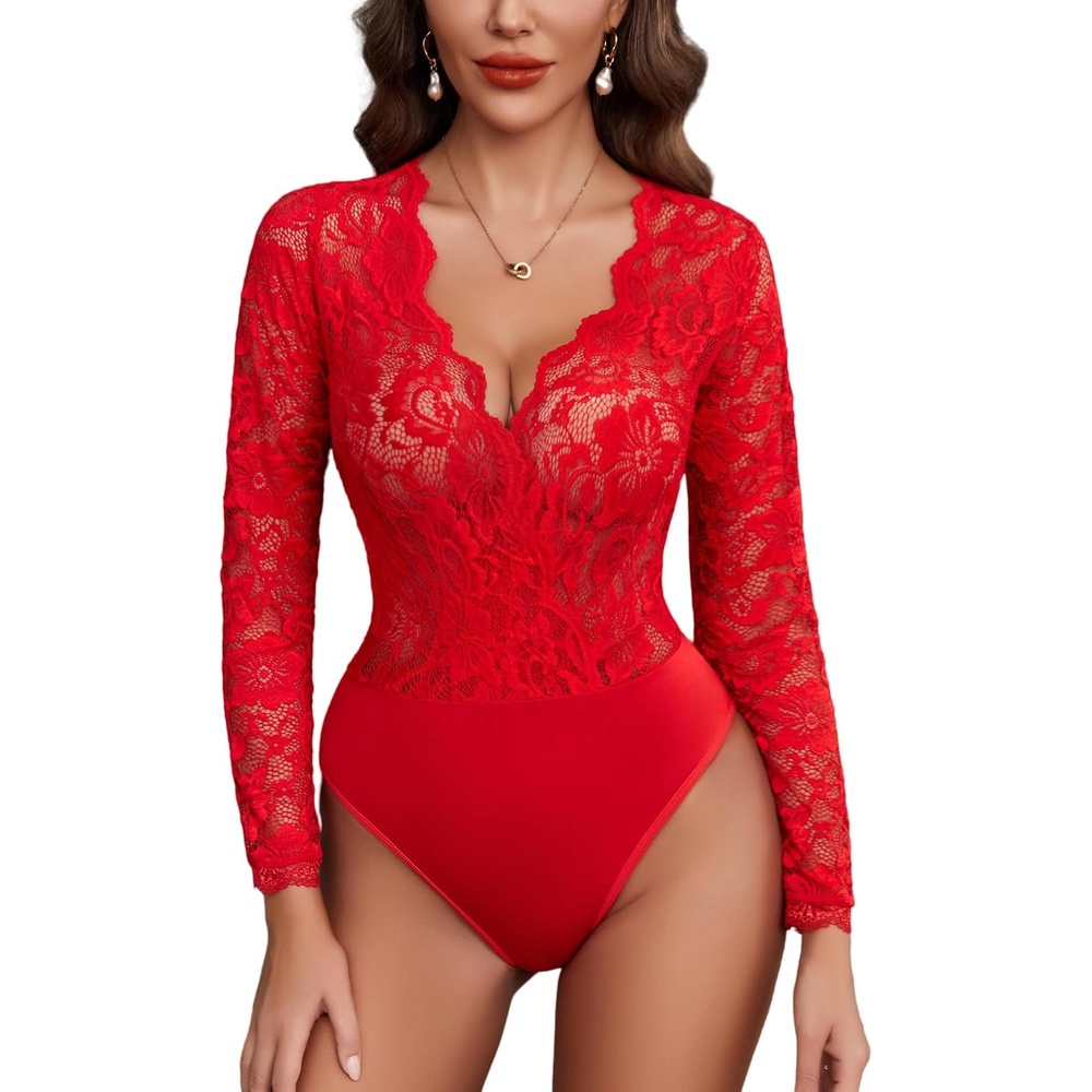image:imageAvidlove Lace Bodysuit for Women Sexy Long Sleeve V Neck Body Suits Going Out Tops Snap Crotch One Piece Teddy LingerieRed
