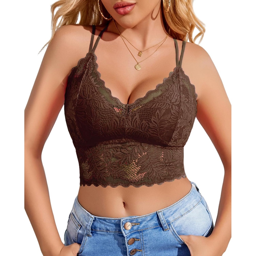 image:imageAvidlove Lace Bralette for Women V Neck Camisoles Racerback Adjustable Strap Sexy Crop TopsBrown
