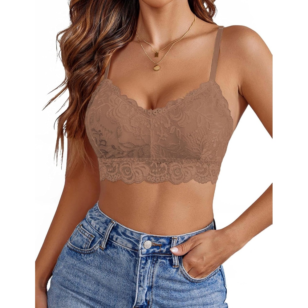 image:imageAvidlove Lace Bralettes for Women Padded Bralette Camisole Racerback Crop Top Floral Lace Bralettes V NeckKhaki