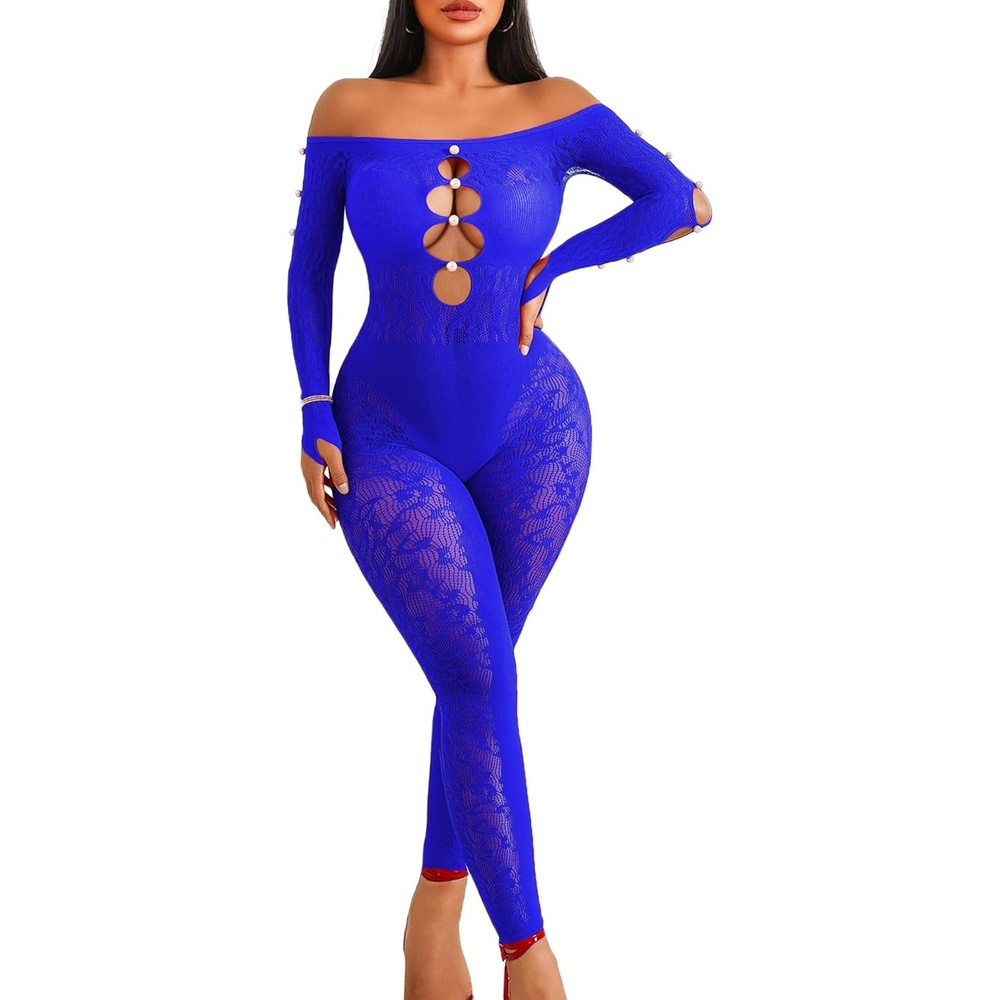 image:imageAvidlove Leopard Fishnet Bodysuit for Women Off Shoulder Long Sleeve Cut Out Pearl Lingerie for Club Night Sexy OutfitBlue