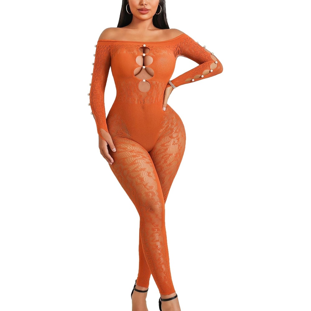 image:imageAvidlove Leopard Fishnet Bodysuit for Women Off Shoulder Long Sleeve Cut Out Pearl Lingerie for Club Night Sexy OutfitCaramel