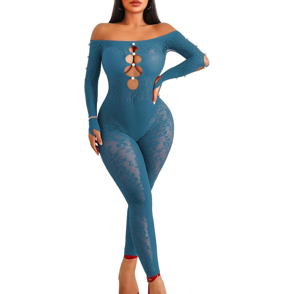 image:imageAvidlove Leopard Fishnet Bodysuit for Women Off Shoulder Long Sleeve Cut Out Pearl Lingerie for Club Night Sexy OutfitDark Blue