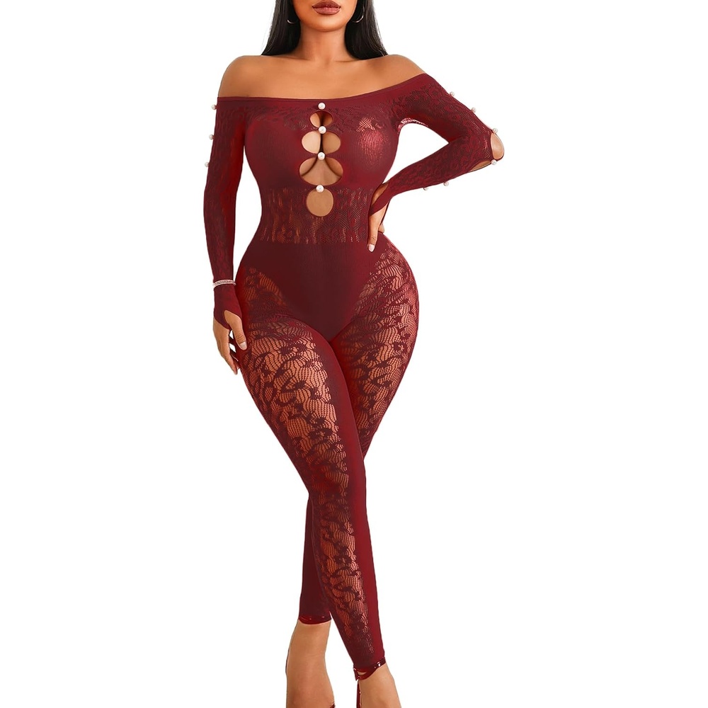 image:imageAvidlove Leopard Fishnet Bodysuit for Women Off Shoulder Long Sleeve Cut Out Pearl Lingerie for Club Night Sexy OutfitDark Red