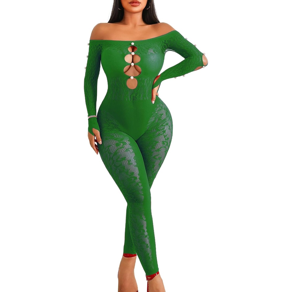 image:imageAvidlove Leopard Fishnet Bodysuit for Women Off Shoulder Long Sleeve Cut Out Pearl Lingerie for Club Night Sexy OutfitGreen