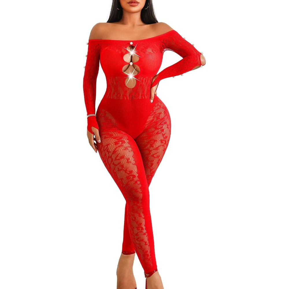 image:imageAvidlove Leopard Fishnet Bodysuit for Women Off Shoulder Long Sleeve Cut Out Pearl Lingerie for Club Night Sexy OutfitRed