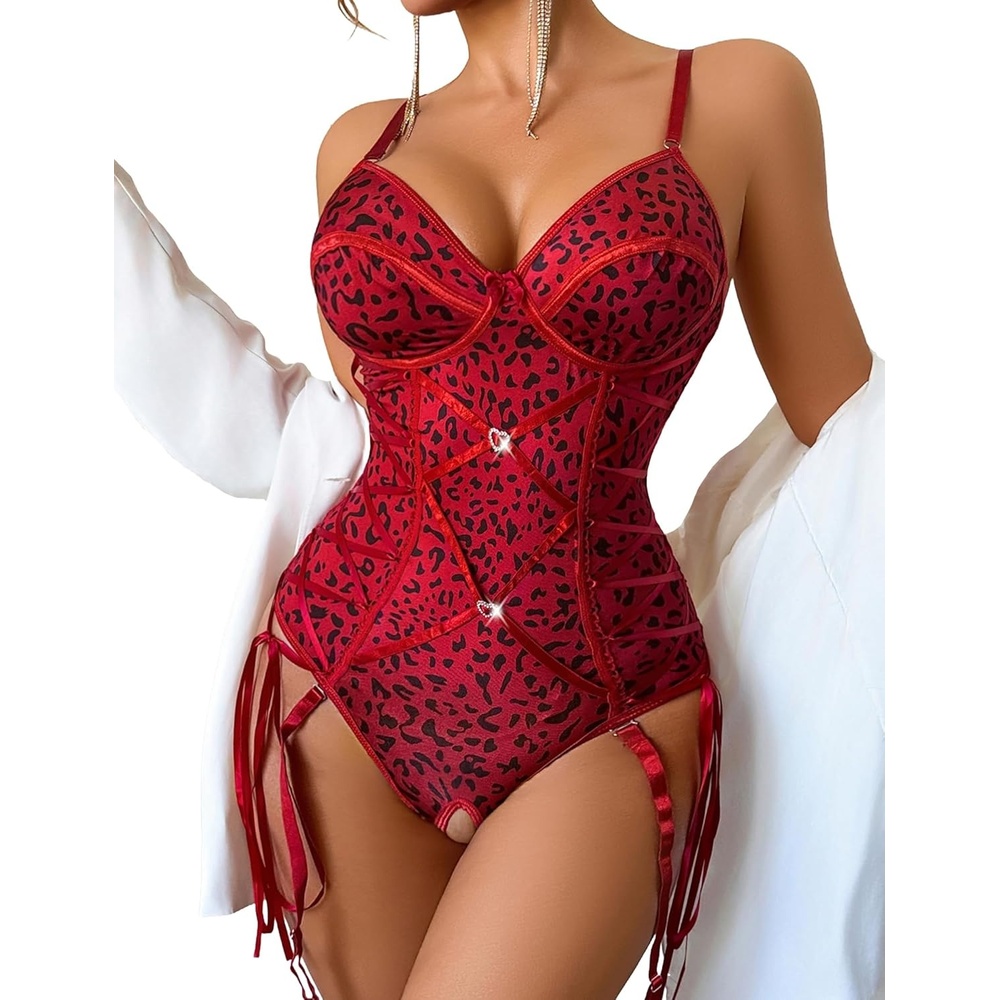 image:imageAvidlove Lingerie for Women Sexy Corset Garter Lingerie Set One Piece Teddy Bodysuit Boudoir OutfitAred Leopard Print