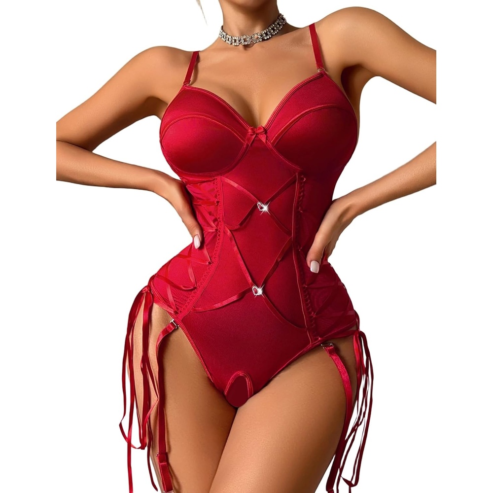 image:imageAvidlove Lingerie for Women Sexy Corset Garter Lingerie Set One Piece Teddy Bodysuit Boudoir OutfitAwine Red