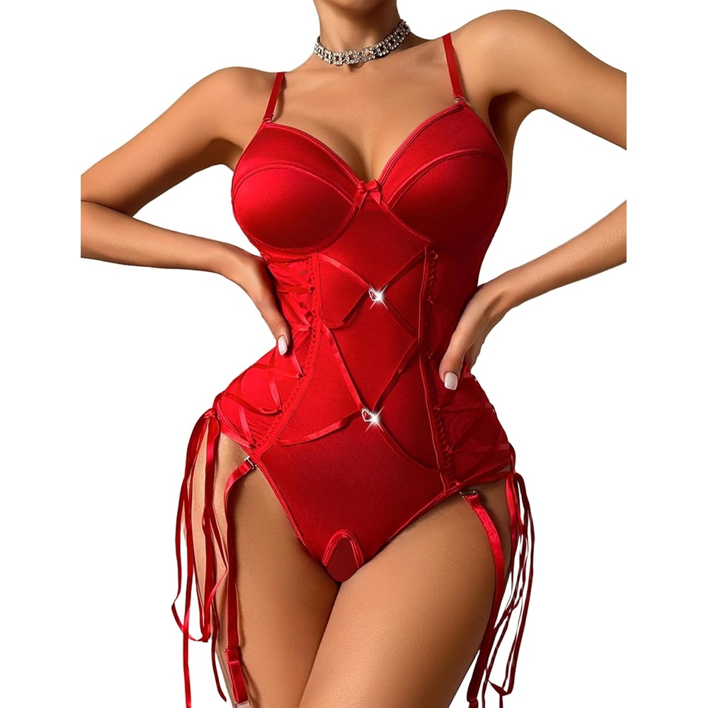 image:imageAvidlove Lingerie for Women Sexy Corset Garter Lingerie Set One Piece Teddy Bodysuit Boudoir OutfitRed