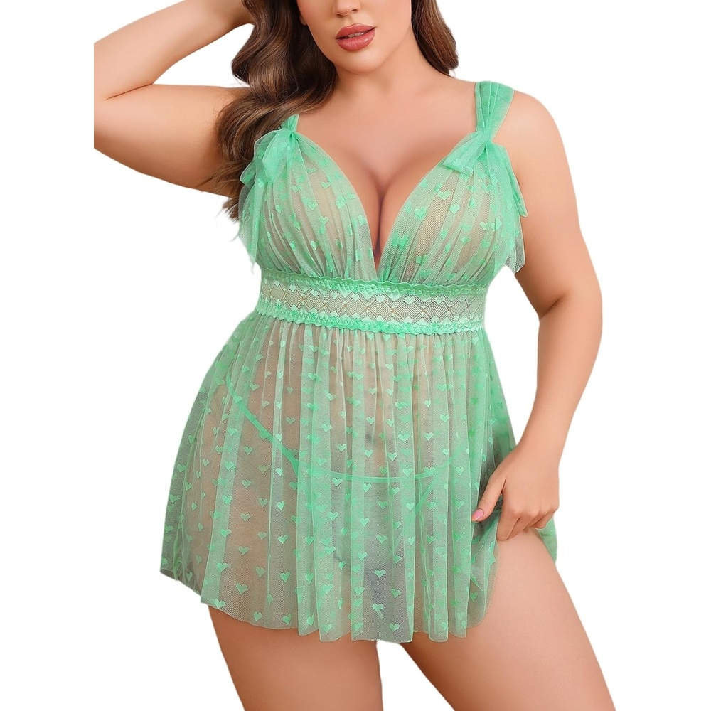 image:imageAvidlove Plus Size Lingeire for women Lace Babydoll Mesh Chemise Sexy Nightwear Sheer Nightie with Lace Up Bows L4XLLight Green