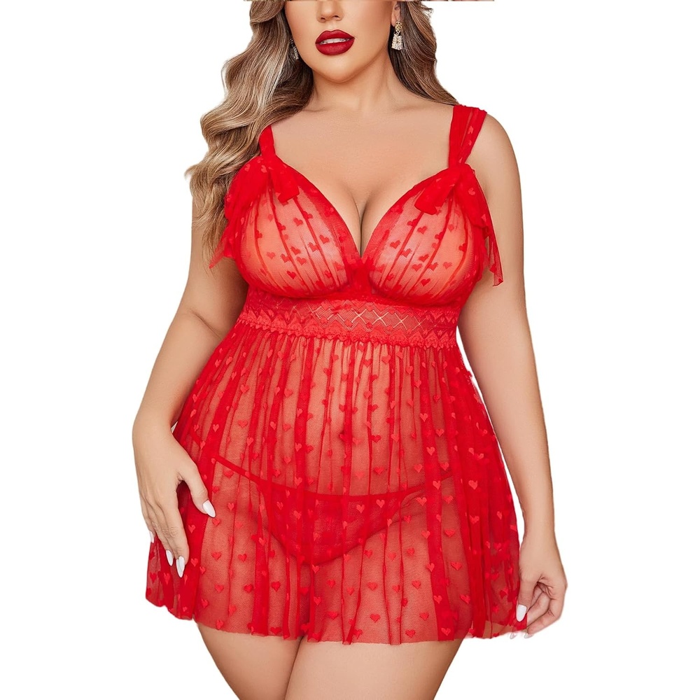image:imageAvidlove Plus Size Lingeire for women Lace Babydoll Mesh Chemise Sexy Nightwear Sheer Nightie with Lace Up Bows L4XLRed