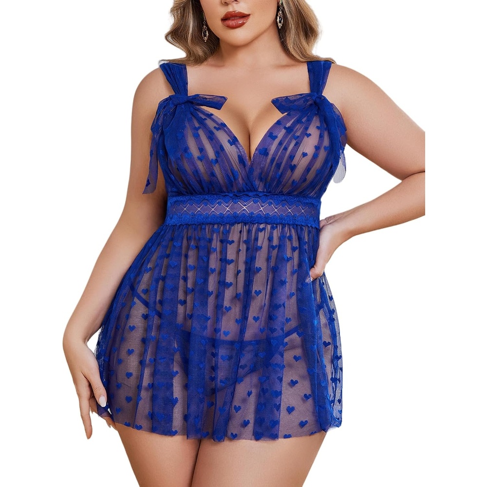 image:imageAvidlove Plus Size Lingeire for women Lace Babydoll Mesh Chemise Sexy Nightwear Sheer Nightie with Lace Up Bows L4XLRoyal Blue