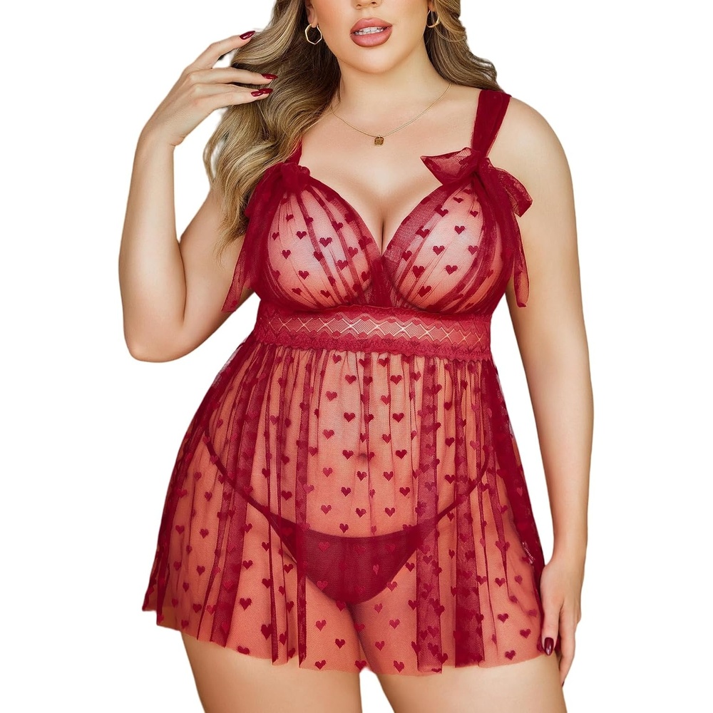 image:imageAvidlove Plus Size Lingeire for women Lace Babydoll Mesh Chemise Sexy Nightwear Sheer Nightie with Lace Up Bows L4XLWine Red