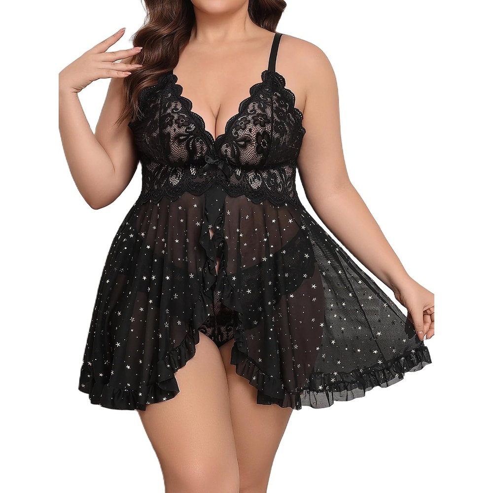 image:imageAvidlove Plus Size Lingerie for Women Sexy Lingerie Dress Lace Babydoll Lingerie VNeck Open Front Strap NightdressBlack Star