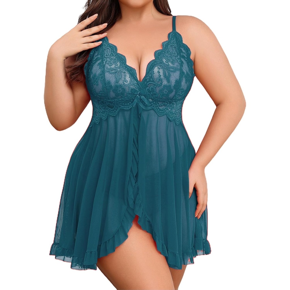 image:imageAvidlove Plus Size Lingerie for Women Sexy Lingerie Dress Lace Babydoll Lingerie VNeck Open Front Strap NightdressBlue Green