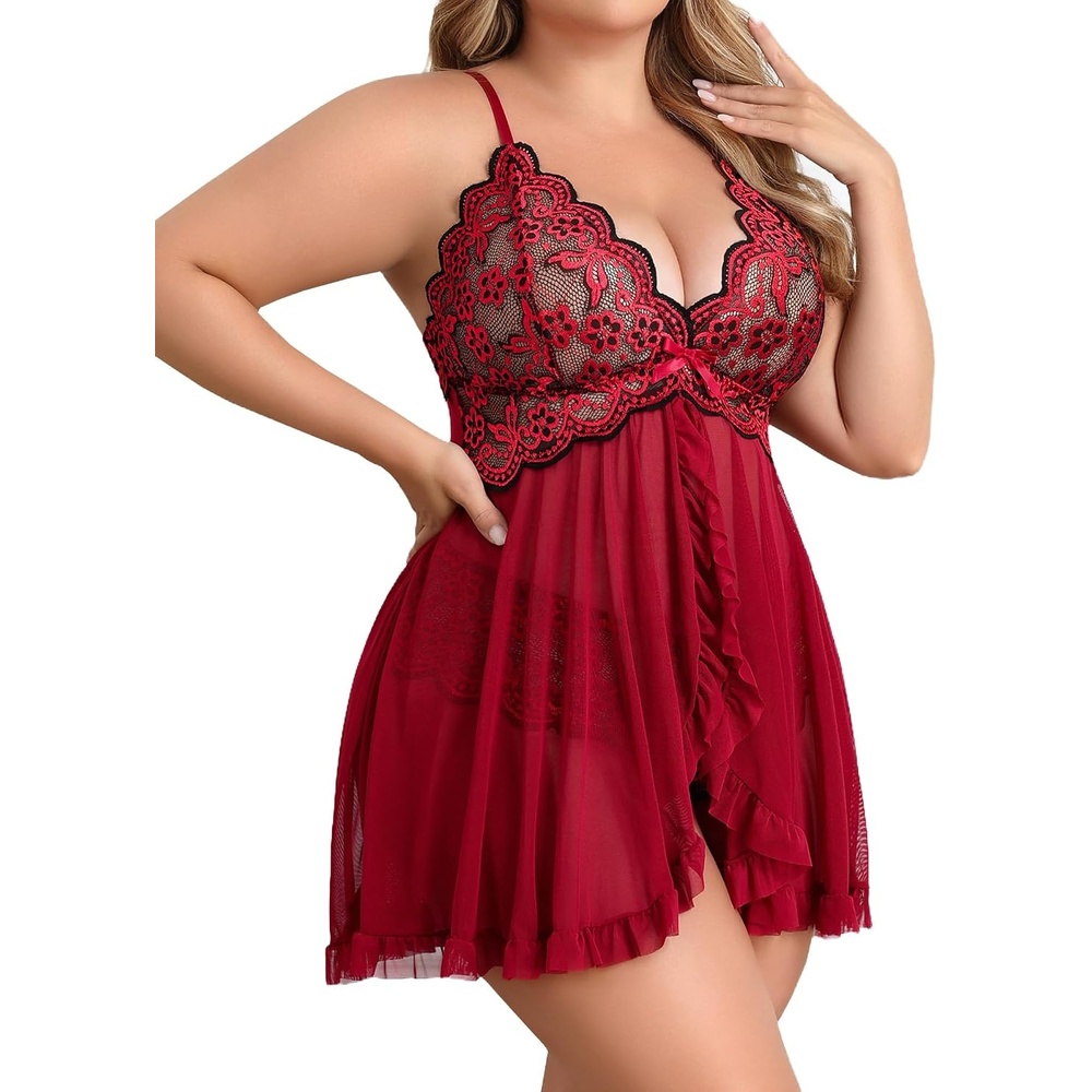 image:imageAvidlove Plus Size Lingerie for Women Sexy Lingerie Dress Lace Babydoll Lingerie VNeck Open Front Strap NightdressBurgundy Black