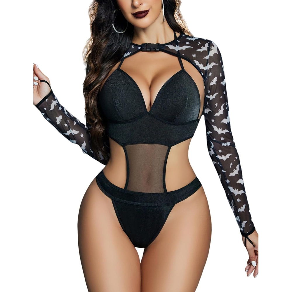 image:imageAvidlove Rave Outfits for Women Festival Sexy Lingerie Bodysuit 2 Piece  Buckle shrug crop top halter bodysuit set snap closure breathable mesh for concerts and club nightsHalloween Black