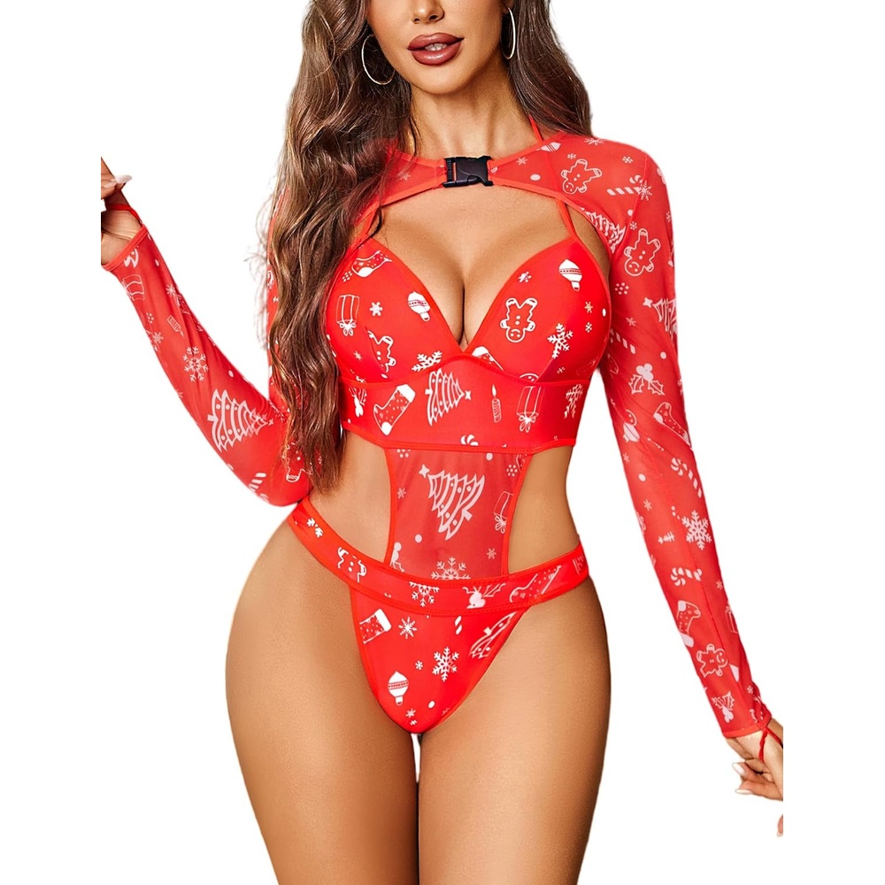 image:imageAvidlove Rave Outfits for Women Festival Sexy Lingerie Bodysuit 2 Piece  Buckle shrug crop top halter bodysuit set snap closure breathable mesh for concerts and club nightsChristmas Red