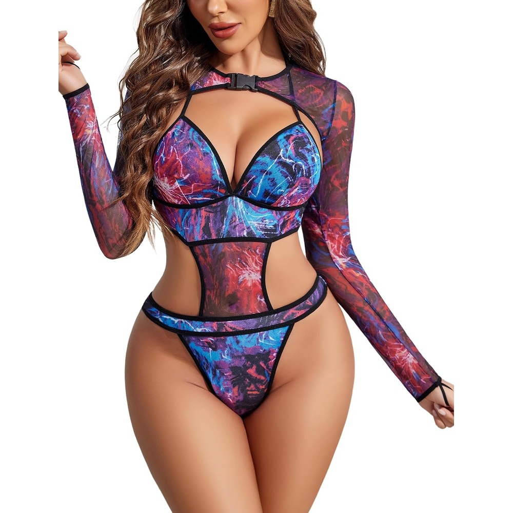 image:imageAvidlove Rave Outfits for Women Festival Sexy Lingerie Bodysuit 2 Piece  Buckle shrug crop top halter bodysuit set snap closure breathable mesh for concerts and club nightsPurple Tie Dye