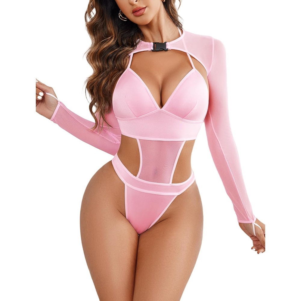 image:imageAvidlove Rave Outfits for Women Festival Sexy Lingerie Bodysuit 2 Piece  Buckle shrug crop top halter bodysuit set snap closure breathable mesh for concerts and club nightsPink
