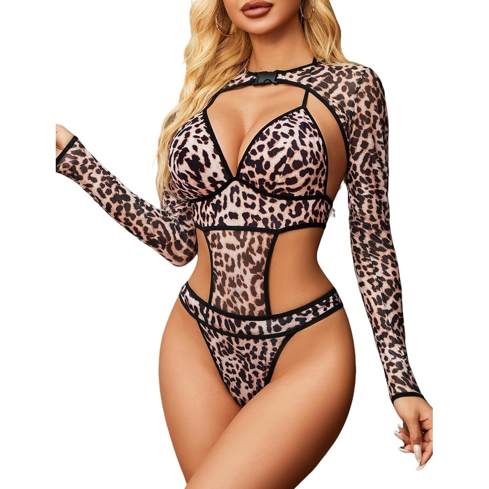 image:imageAvidlove Rave Outfits for Women Festival Sexy Lingerie Bodysuit 2 Piece  Buckle shrug crop top halter bodysuit set snap closure breathable mesh for concerts and club nightsLeopard Print