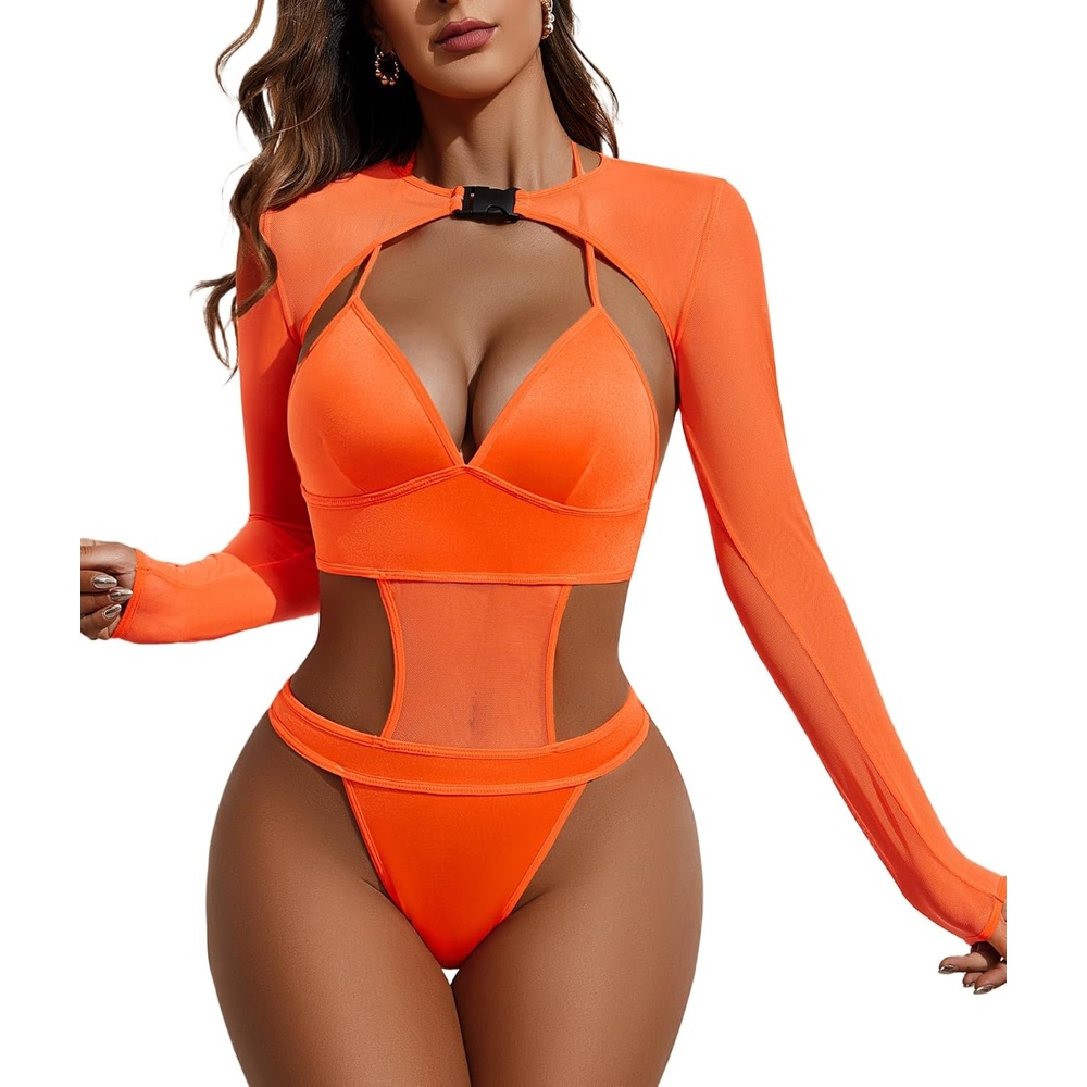 image:imageAvidlove Rave Outfits for Women Festival Sexy Lingerie Bodysuit 2 Piece  Buckle shrug crop top halter bodysuit set snap closure breathable mesh for concerts and club nightsOrange