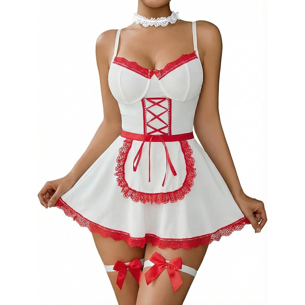 image:imageAvidlove Sexy Lingerie for Women Sexy Contrast Lace Maid Lingerie Dress Halloween Costumes Sets5packNurse