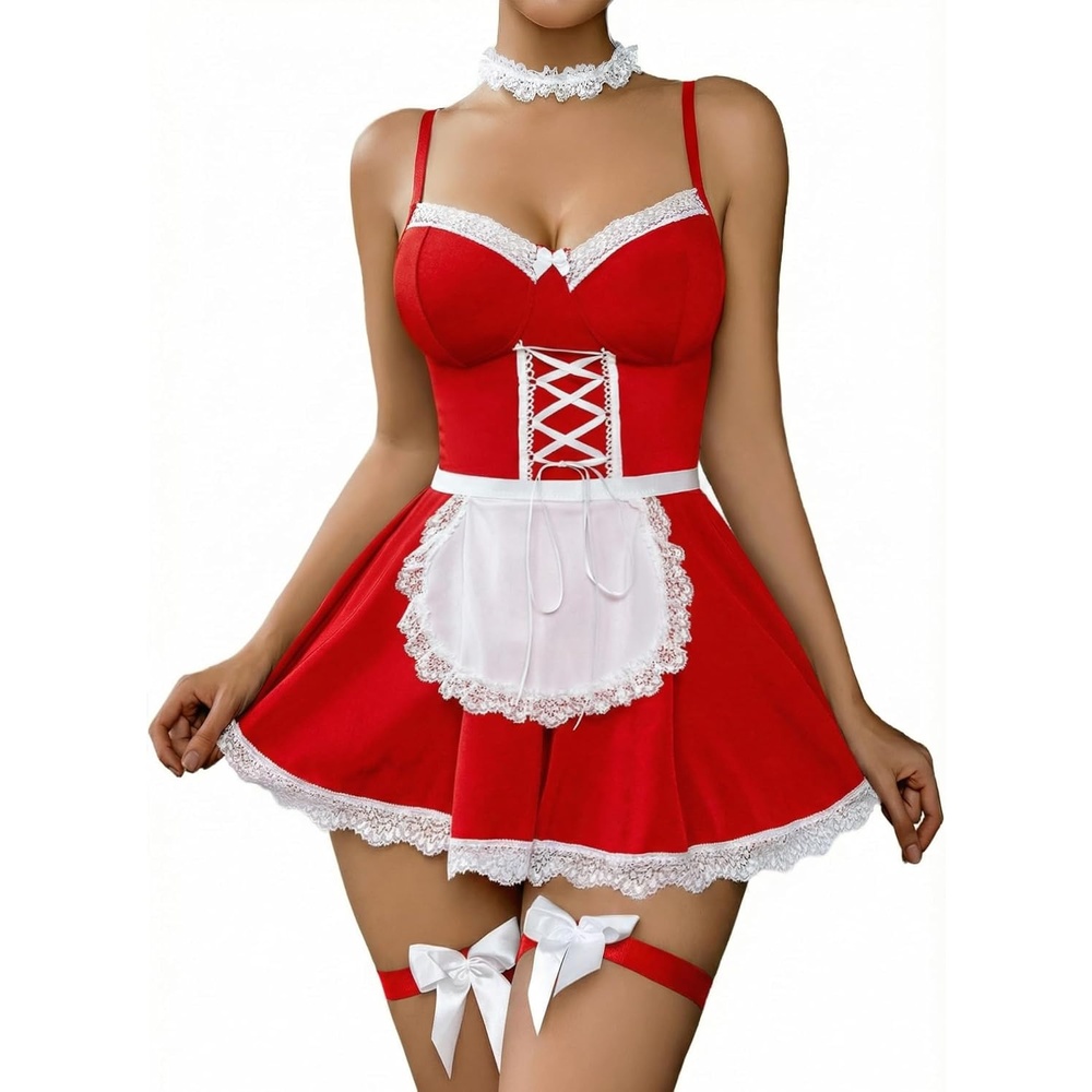 image:imageAvidlove Sexy Lingerie for Women Sexy Contrast Lace Maid Lingerie Dress Halloween Costumes Sets5packRed