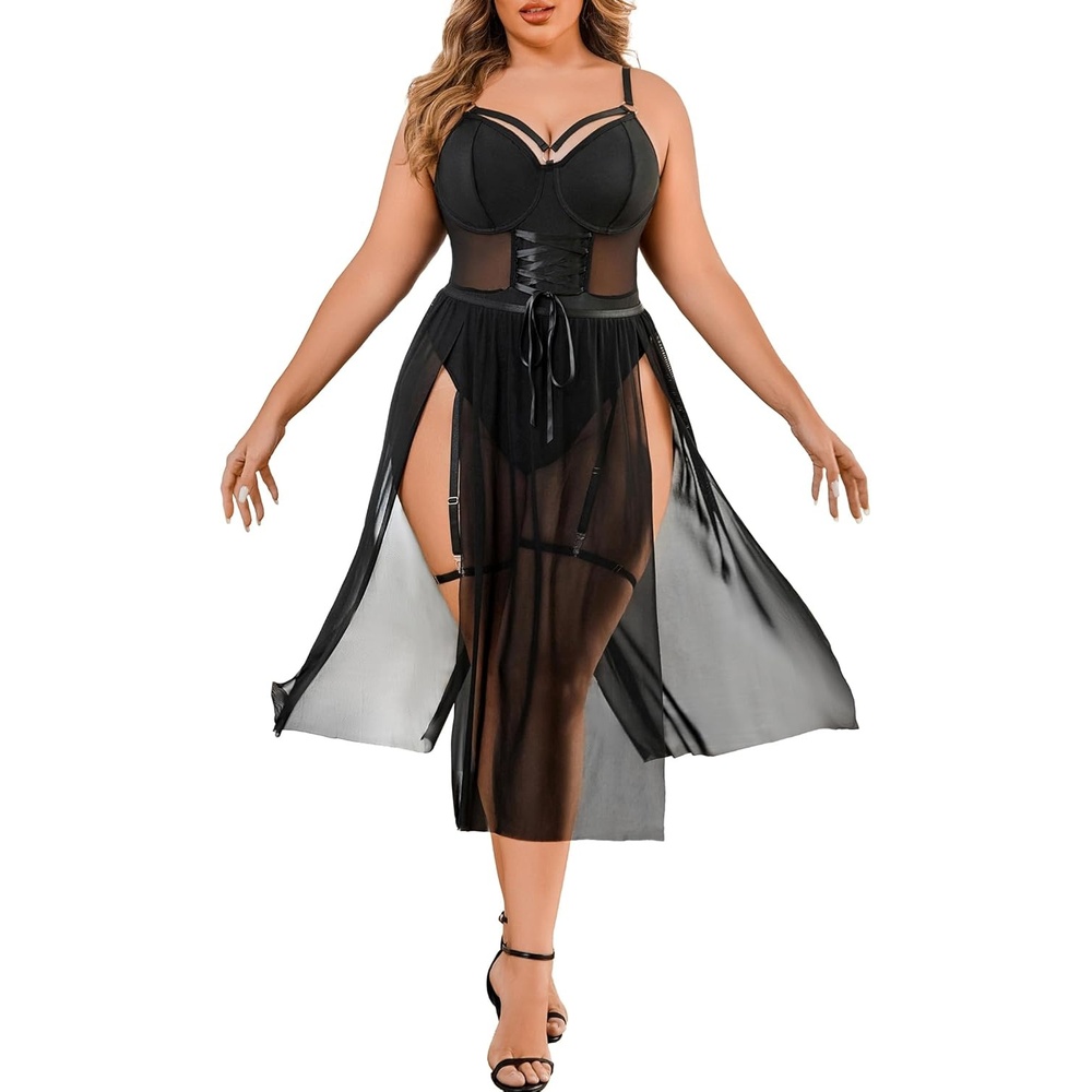 image:imageAvidlove Sexy Plus Size Lingerie Set for Women Sexy Bodysuit with High Slit dress and Garter BeltBlack