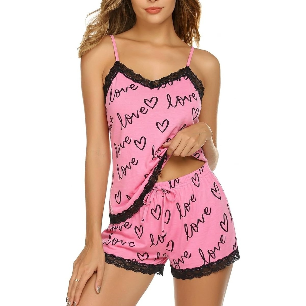 image:imageAvidlove Women Cami Pajama Set Modal Sleepwear Lace Trim Short PJ Set with ShortsPink Love