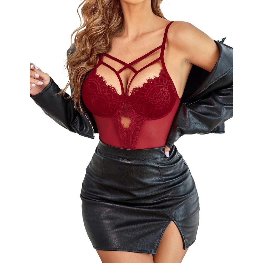 image:imageAvidlove Women Lingerie Floral Lace Harness Lingerie Bodysuit One Piece Teddy Babydoll NightgownAwine Red