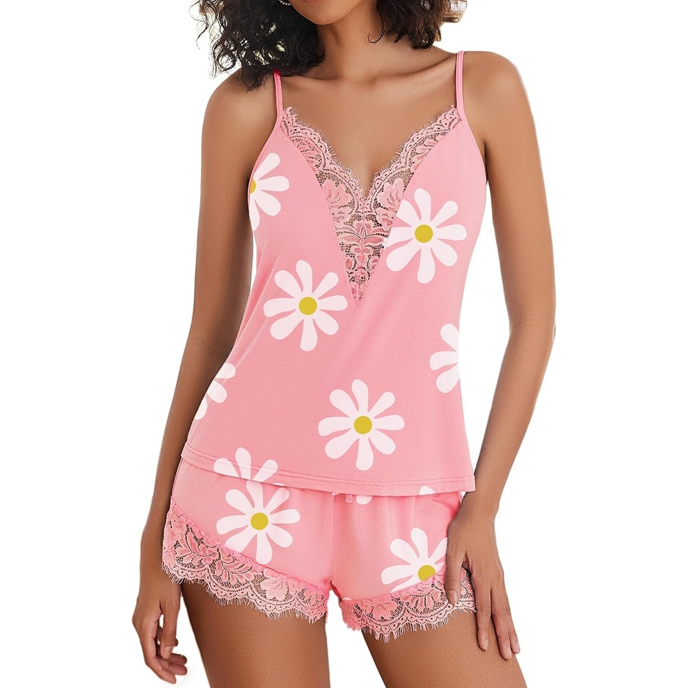 image:imageAvidlove Women Pajama Set Lace Trim Short PJ Set Modal V Neck Sleeveless Sleepwear Drawstring Waist Nightwear SXXLFloral Pink