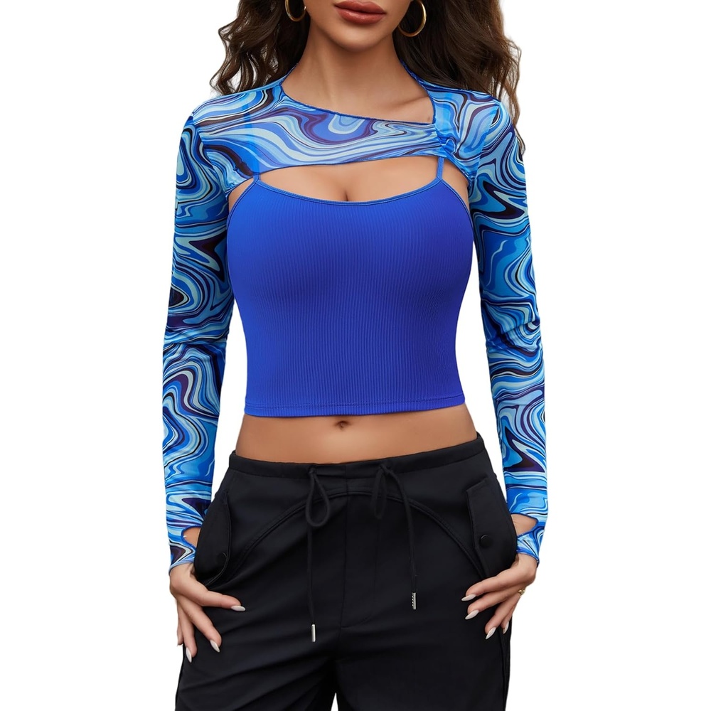 image:imageAvidlove Women Sexy Long Sleeve Mesh Crop Top Solid Cover Up with Spaghetti Strap Cami Top 2 Pieces Clubwear with Thumb HolesBlue Pattern 1