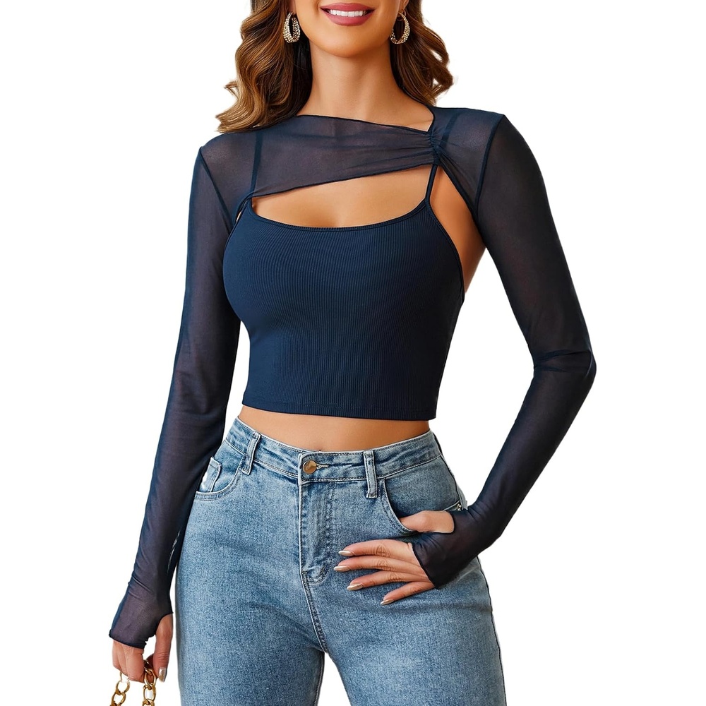 image:imageAvidlove Women Sexy Long Sleeve Mesh Crop Top Solid Cover Up with Spaghetti Strap Cami Top 2 Pieces Clubwear with Thumb HolesNavy Blue
