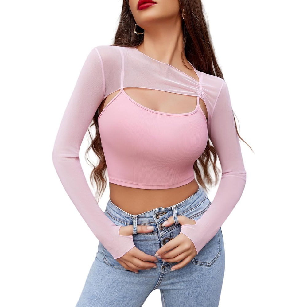 image:imageAvidlove Women Sexy Long Sleeve Mesh Crop Top Solid Cover Up with Spaghetti Strap Cami Top 2 Pieces Clubwear with Thumb HolesPink