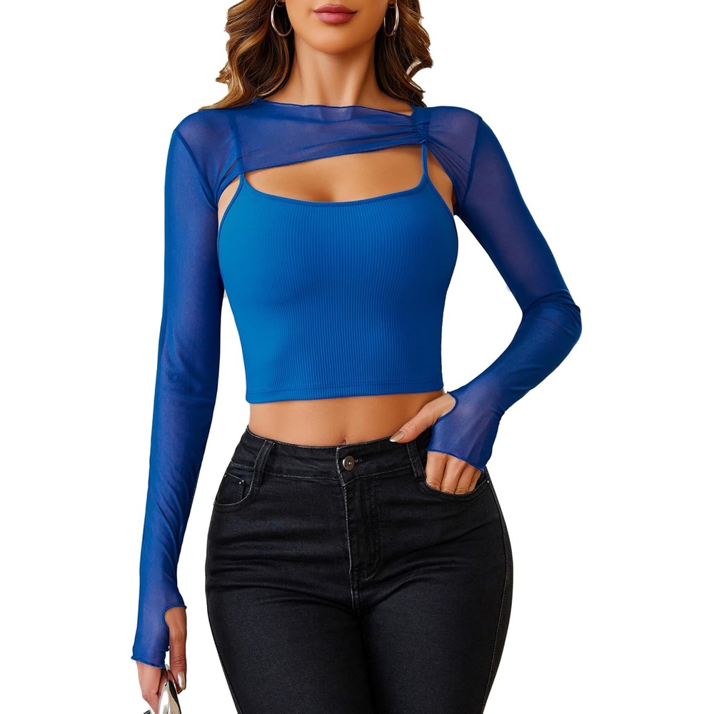 image:imageAvidlove Women Sexy Long Sleeve Mesh Crop Top Solid Cover Up with Spaghetti Strap Cami Top 2 Pieces Clubwear with Thumb HolesSky Blue
