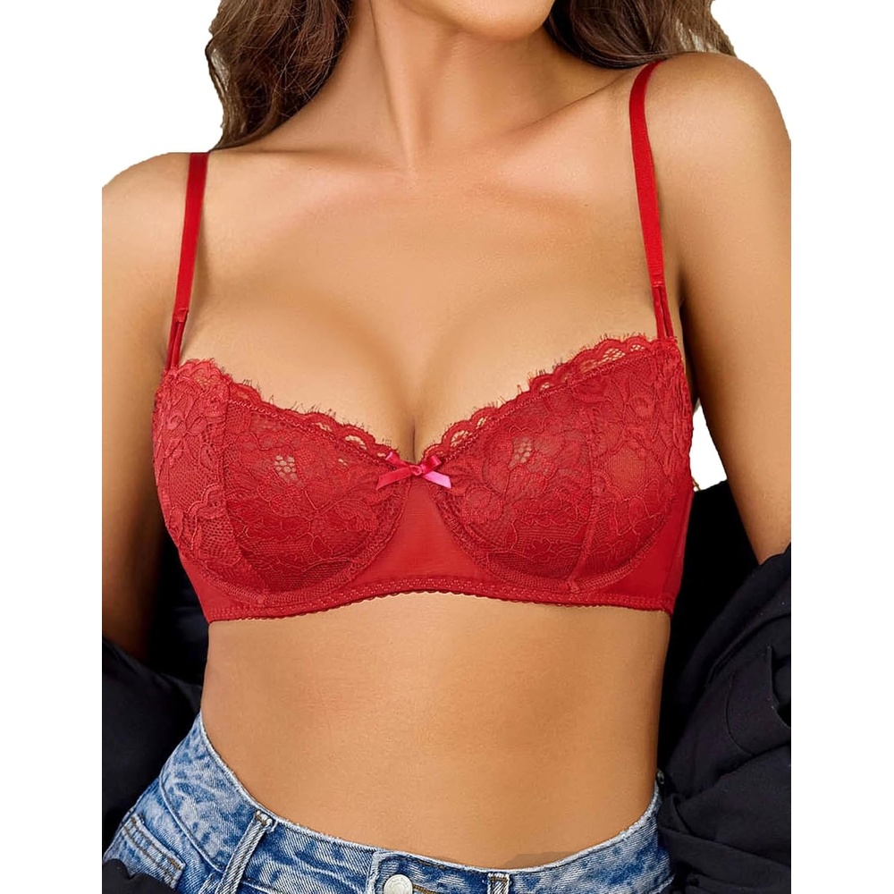 image:imageAvidlove Womens Sexy Lace Bra Sheer Balconette Underwire Unlined Everyday Bras LingerieRed