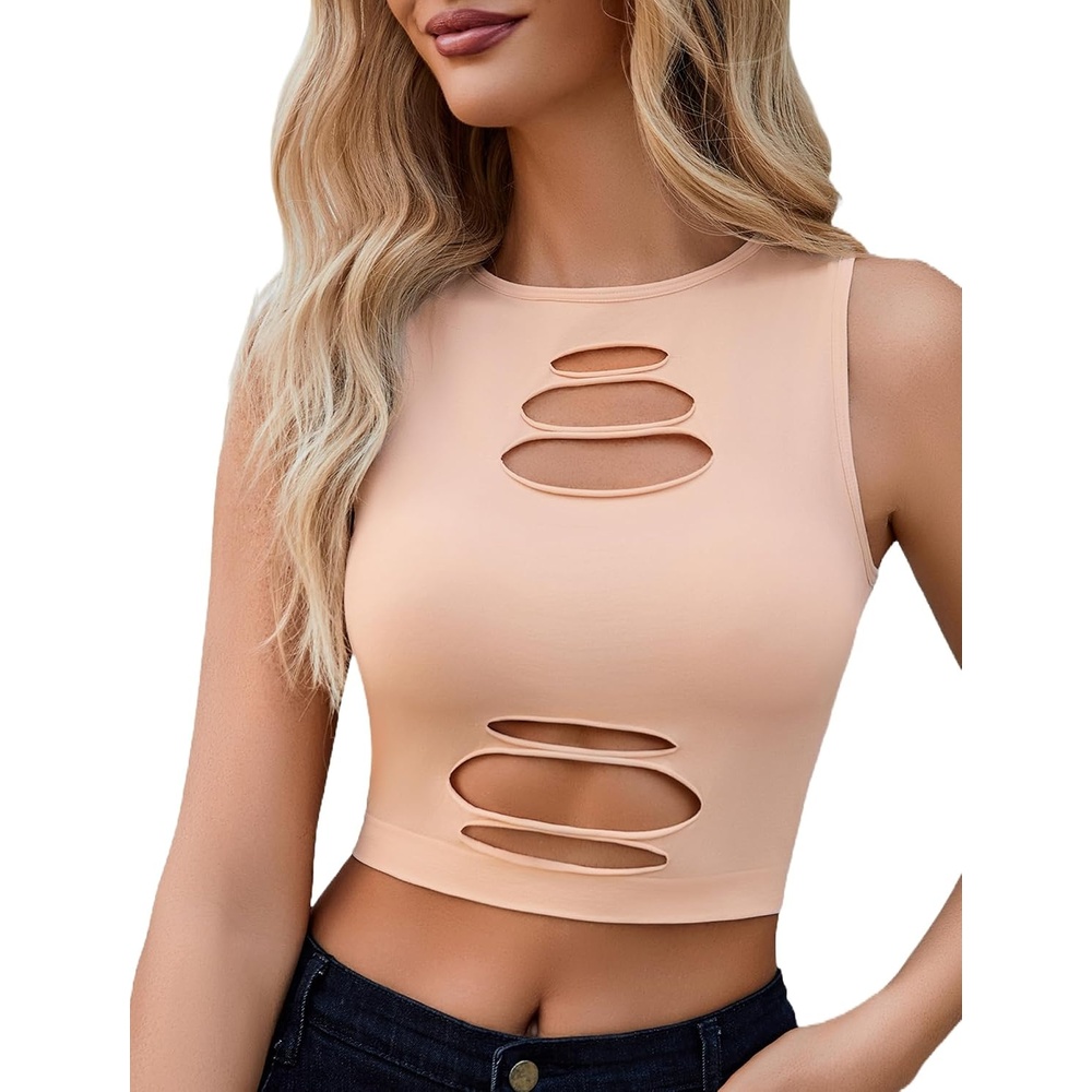image:imageFishnet Top for Women Sexy Cut Out Crop Short Hollow Out Cropped Tank Top  Crop tops for women High Neck Rave outfits Dailystreetpartygoth wearBeige