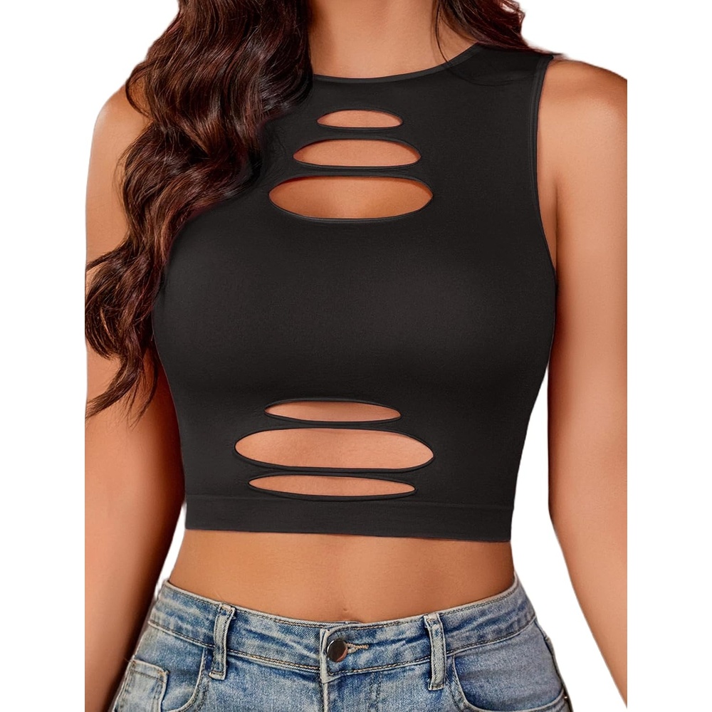 image:imageFishnet Top for Women Sexy Cut Out Crop Short Hollow Out Cropped Tank Top  Crop tops for women High Neck Rave outfits Dailystreetpartygoth wearBlack