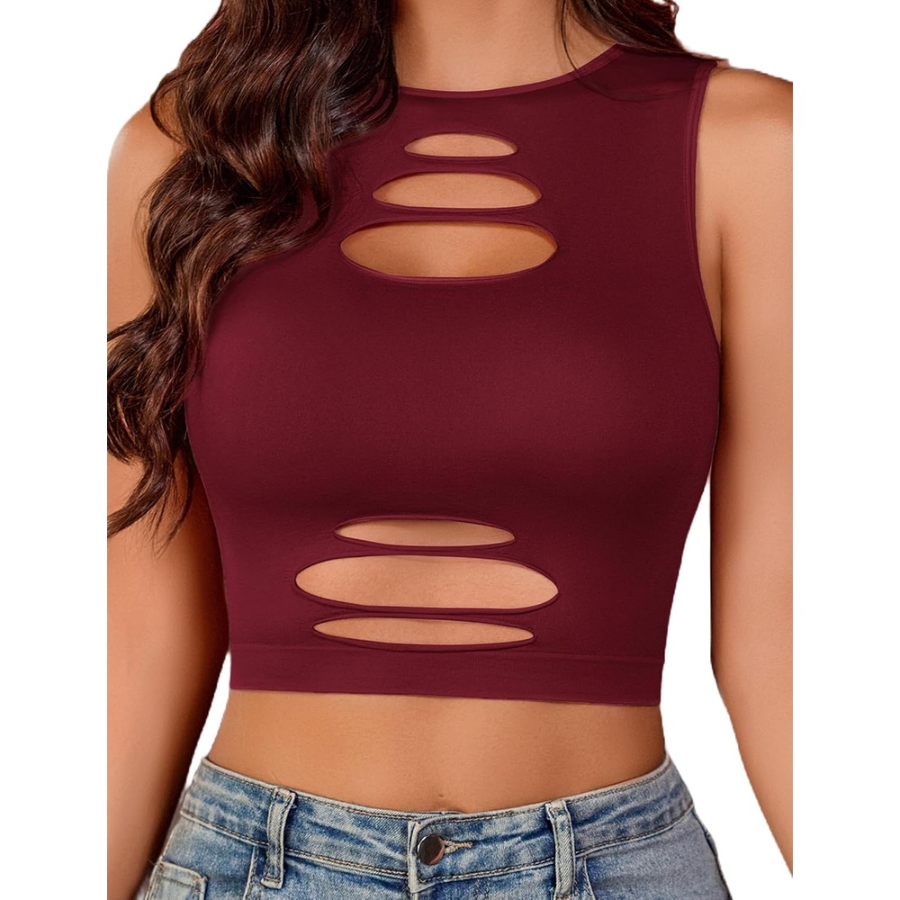 image:imageFishnet Top for Women Sexy Cut Out Crop Short Hollow Out Cropped Tank Top  Crop tops for women High Neck Rave outfits Dailystreetpartygoth wearDark Red