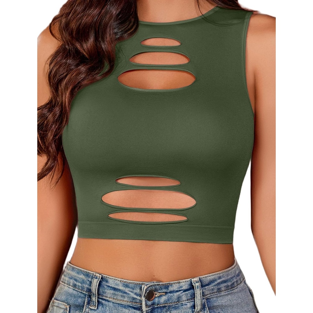 image:imageFishnet Top for Women Sexy Cut Out Crop Short Hollow Out Cropped Tank Top  Crop tops for women High Neck Rave outfits Dailystreetpartygoth wearOlive Green
