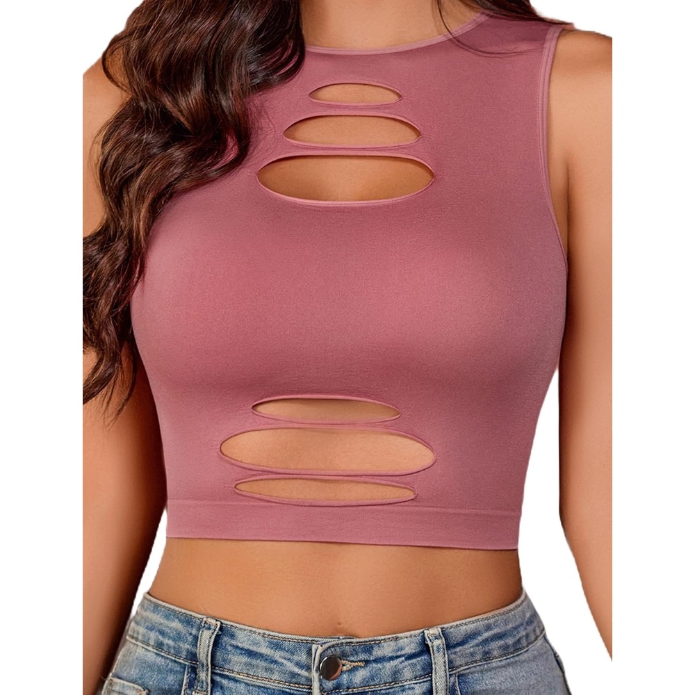 image:imageFishnet Top for Women Sexy Cut Out Crop Short Hollow Out Cropped Tank Top  Crop tops for women High Neck Rave outfits Dailystreetpartygoth wearPink
