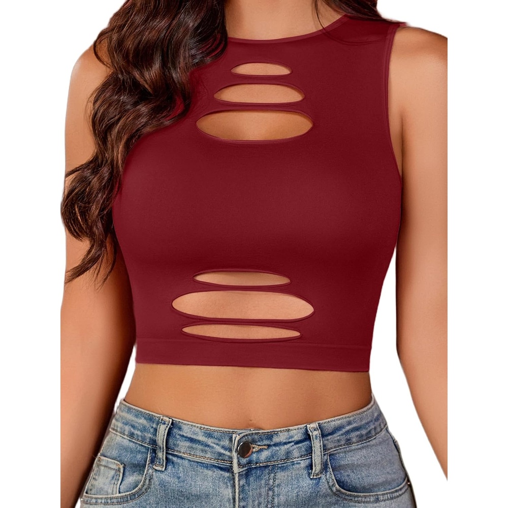 image:imageFishnet Top for Women Sexy Cut Out Crop Short Hollow Out Cropped Tank Top  Crop tops for women High Neck Rave outfits Dailystreetpartygoth wearWine Red