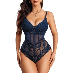 Avidlove Bodysuit for Women Sexy Lace Top One Piece Lingerie V Neck Mesh Tops Going Out Cami Naughty Push Up Body Suit(Navy Blue)